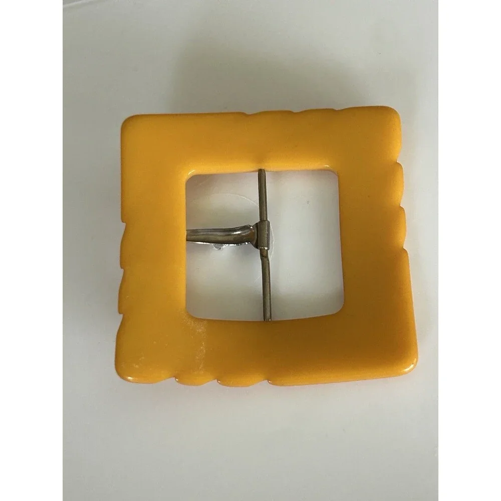 Vintage Carved Bakelite Butterscotch Belt Buckle Square Etched